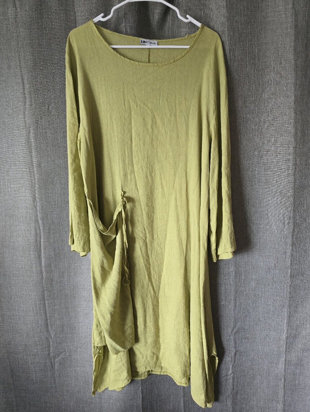 Vtg Lin Nature 100% Linen Faux Half Wrap Midi Dress Pale Green Size 46 (US 12)